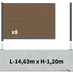 DECKLINEA - Kit clôture composite sur muret rio bronze 14,5x1,8m - bois composite & aluminium - poteaux sur platines gris - brise vue