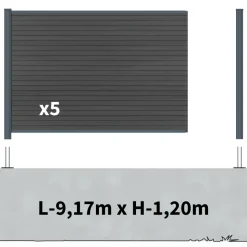 DECKLINEA - Kit clôture composite sur muret santos ardoise 9x1,8m - bois composite & aluminium - poteaux sur platines gris - brise vue