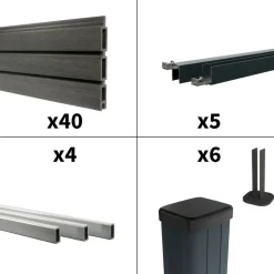 DECKLINEA - Kit clôture composite sur muret santos ardoise 9x1,8m - bois composite & aluminium - poteaux sur platines gris - brise vue
