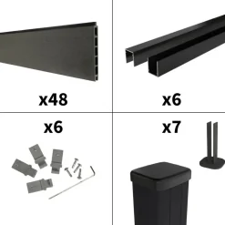 DECKLINEA - Kit clôture composite sur muret rio anthracite 11x1,8m - bois composite & aluminium - poteaux sur platines noir - brise vue