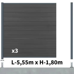 DECKLINEA - Kit clôture composite cruz ardoise 5,5x1,8m - bois composite & aluminium - poteaux sur platines gris - brise vue - palissade