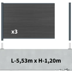 DECKLINEA - Kit clôture composite sur muret santos ardoise 5,5x1,8m - bois composite & aluminium - poteaux sur platines gris - brise vue