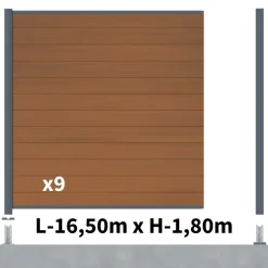 DECKLINEA - Kit clôture composite cruz teck 16,5x1,8m - bois composite & aluminium - poteaux sur platines gris - brise vue - palissade