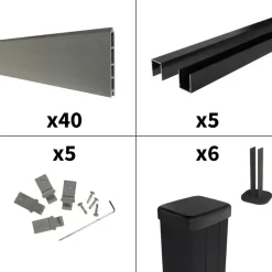 DECKLINEA - Kit clôture composite sur muret rio platine 9x1,8m - bois composite & aluminium - poteaux sur platines noir - brise vue
