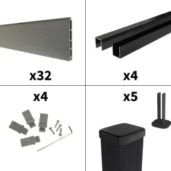 DECKLINEA - Kit clôture composite sur muret rio platine 7,5x1,8m - bois composite & aluminium - poteaux sur platines noir - brise vue