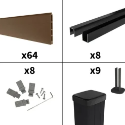 DECKLINEA - Kit clôture composite sur muret rio bronze 14,5x1,8m - bois composite & aluminium - poteaux sur platines noir - brise vue