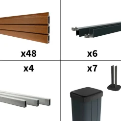 DECKLINEA - Kit clôture composite sur muret santos teck 11x1,8m - bois composite & aluminium - poteaux sur platines gris - brise vue