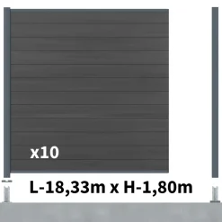 DECKLINEA - Kit clôture composite cruz ardoise 18x1,8m - bois composite & aluminium - poteaux sur platines gris - brise vue - palissade