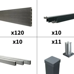 DECKLINEA - Kit clôture composite cruz ardoise 18x1,8m - bois composite & aluminium - poteaux sur platines gris - brise vue - palissade