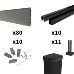 DECKLINEA - Kit clôture composite sur muret rio platine 18x1,8m - bois composite & aluminium - poteaux sur platines noir - brise vue