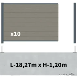 DECKLINEA - Kit clôture composite sur muret rio platine 18x1,8m - bois composite & aluminium - poteaux sur platines gris - brise vue