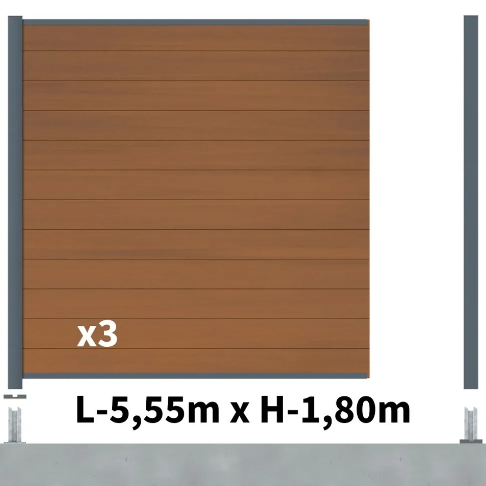 DECKLINEA - Kit clôture composite cruz teck 5,5x1,8m - bois composite & aluminium - poteaux sur platines gris - brise vue - palissade