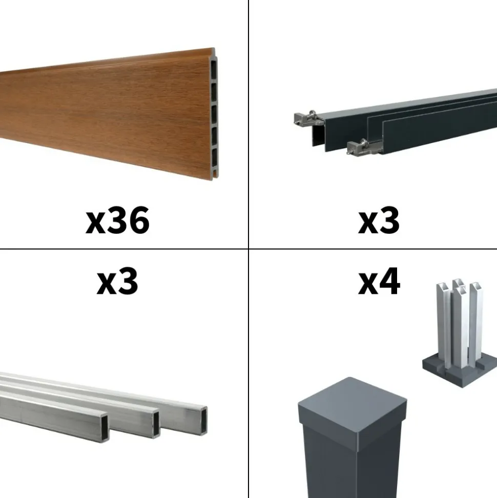 DECKLINEA - Kit clôture composite cruz teck 5,5x1,8m - bois composite & aluminium - poteaux sur platines gris - brise vue - palissade