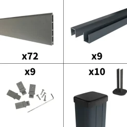 DECKLINEA - Kit clôture composite sur muret rio platine 16,5x1,8m - bois composite & aluminium - poteaux sur platines gris - brise vue
