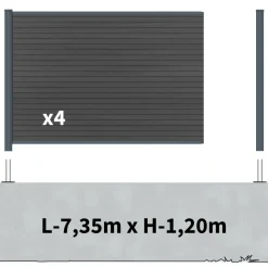 DECKLINEA - Kit clôture composite sur muret santos ardoise 7,5x1,8m - bois composite & aluminium - poteaux sur platines gris - brise vue