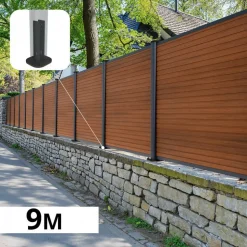 DECKLINEA - Kit clôture composite sur muret santos teck 9x1,8m - bois composite & aluminium - poteaux sur platines gris - brise vue