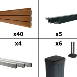 DECKLINEA - Kit clôture composite sur muret santos teck 9x1,8m - bois composite & aluminium - poteaux sur platines gris - brise vue