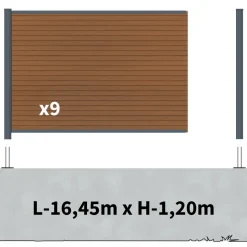 DECKLINEA - Kit clôture composite sur muret santos teck 16,5x1,8m - bois composite & aluminium - poteaux sur platines gris - brise vue