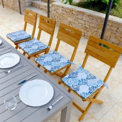 DECO ARTS - Lot de 4 galettes de chaise 35x35x3 cm motif feuillage bleu