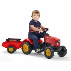 FALK - Tracteur à pédales enfant avec capot ouvrant et remorque supercharger rouge