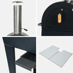 Four à pizza d'extérieur au charbon de bois. Coloris noir - giulia - pierre de cuisson roulette pelle et housse. L70xp63xh122cm