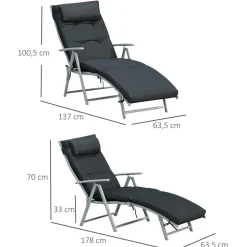 GUTENT - Bain de soleil pliable transat inclinable 7 positions chaise longue grand confort avec matelas + accoudoirs,noir