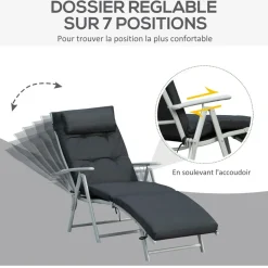 GUTENT - Bain de soleil pliable transat inclinable 7 positions chaise longue grand confort avec matelas + accoudoirs,noir