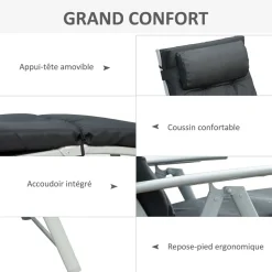 GUTENT - Bain de soleil pliable transat inclinable 7 positions chaise longue grand confort avec matelas + accoudoirs,noir