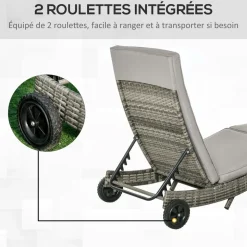 GUTENT - Bain de soleil transat grand confort - dossier inclinable 5 positions roulettes - matelas déhoussable inclus - résine tressée grise