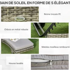 GUTENT - Bain de soleil transat grand confort - dossier inclinable 5 positions roulettes - matelas déhoussable inclus - résine tressée grise