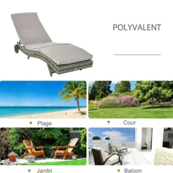 GUTENT - Bain de soleil transat grand confort - dossier inclinable 5 positions roulettes - matelas déhoussable inclus - résine tressée grise