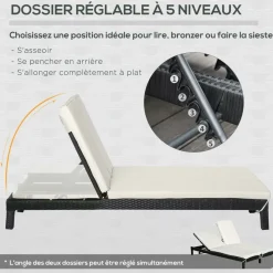 GUTENT - Bain de soleil transat 2 places - dossier inclinable multi-positions - matelas - résine tressée 4 fils noir