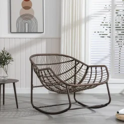 GUTENT - Chaise à bascule en rotin d'extérieur, fauteuil inclinable avec coussin rembourré pour porche avant, salon, patio, jardin, gris