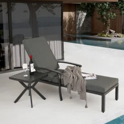 GUTENT - Chaise longue de patio avec coussin en coton, avec coussin gris imperméable (1pc)