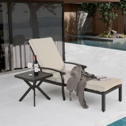 GUTENT - Chaise longue de patio avec coussin en coton, avec coussin beige imperméable (1pc)