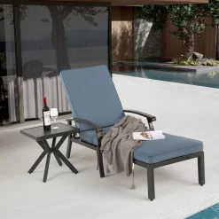 GUTENT - Chaise longue de patio avec coussin en coton, avec coussin bleu imperméable (1pc)