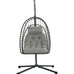 GUTENT - Fauteuil suspendu de jardin chaise hamac résine tressée panier pliable avec matelas support en métal et appui-tête gris