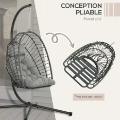 GUTENT - Fauteuil suspendu de jardin chaise hamac résine tressée panier pliable avec matelas support en métal et appui-tête gris