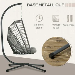 GUTENT - Fauteuil suspendu de jardin chaise hamac résine tressée panier pliable avec matelas support en métal et appui-tête gris