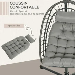 GUTENT - Fauteuil suspendu de jardin chaise hamac résine tressée panier pliable avec matelas support en métal et appui-tête gris