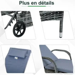 GUTENT - Lot de 2 transats bains de soleil grand confort : matelas, têtière, accoudoirs, roulettes + table basse