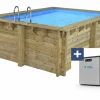 HABITAT ET JARDIN - Piscine bois rectangle " caimans 120 " - 4.10 x 3.00 x 1.24 m + mini pompe à chaleur 3.5kw - métal - gris