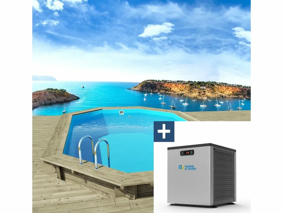 HABITAT ET JARDIN - Piscine bois " miami 145 " - 4.86 x 3.36 x 1.45 m + mini pompe à chaleur 3.5kw - métal - gris