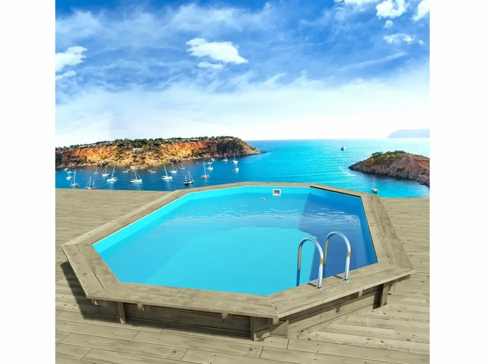HABITAT ET JARDIN - Piscine bois " miami 145 " - 4.86 x 3.36 x 1.45 m + mini pompe à chaleur 3.5kw - métal - gris