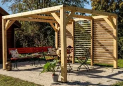 HABRITA - Auvent VENETO bois + ventelles mur - 10,57 m2 - dimensions 3,39 m x 3,12 m
