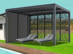 HABRITA - Pergola bioclimatique aluminium 10,80 m² + panneaux moucharabieh - coloris gris