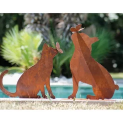 JARDINEX - Figurine chat bisou papillon métal rouille : déco jardin - rouille