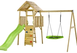 KANGUI - Aire de jeux bois woodi - 2 balançoires, toboggan, escalade, cabane
