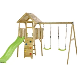 KANGUI - Aire de jeux bois woodi - 2 balançoires, toboggan, escalade, cabane