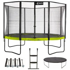 KANGUI - Trampoline 430 cm + filet + échelle + bâche + kit ancrage punchi vert